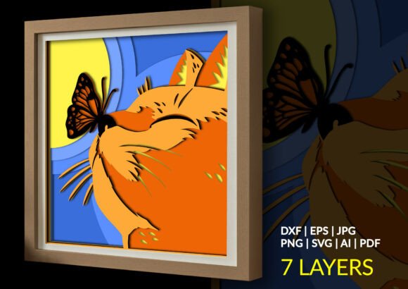 Cat with Butterfly 3D SVG: Whimsical Shadow Boxes