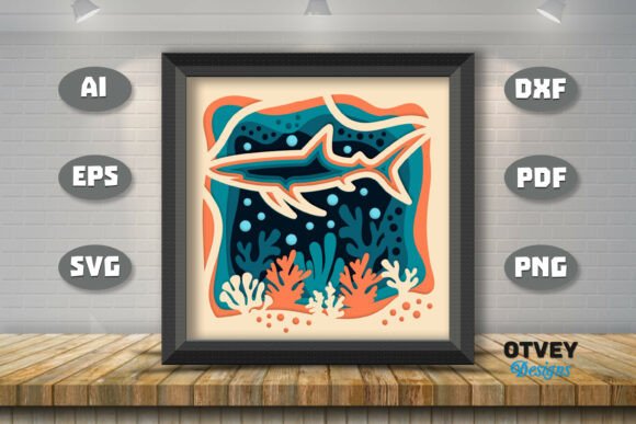 Shark in a Seabed Atmosphere 3D SVG for Shadow Boxes